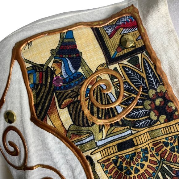 Vintage 90s Hand Painted T Shirt Dress M Cream Crochet Knit Fringe Pockets - Picture 4 of 10